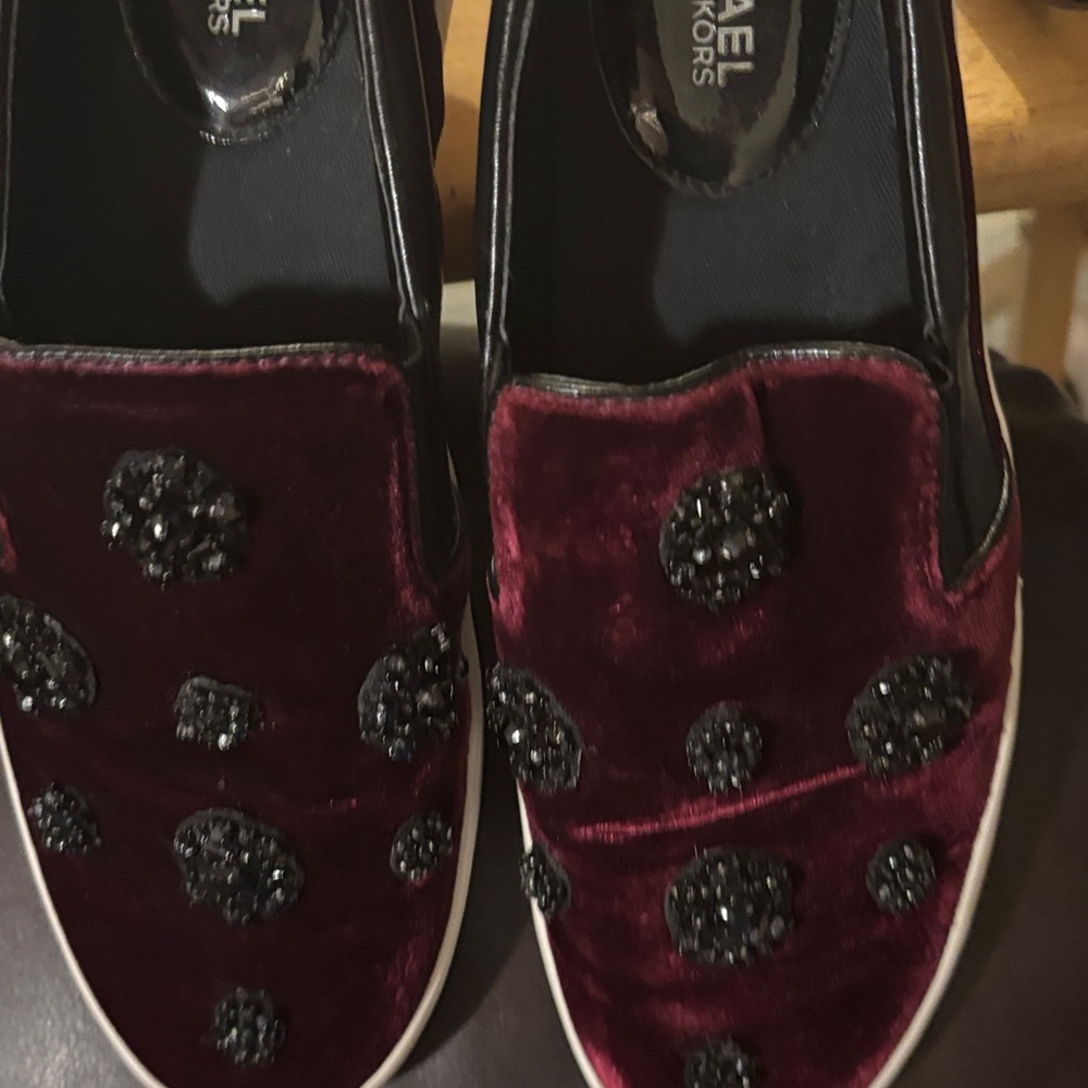 Michael Kors Dark Red Velvet Slip-Ons with Black Accents - tiny wears - Picture 3 of 13